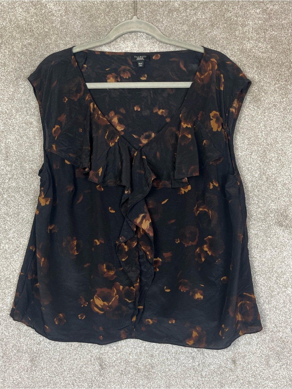 Talbots Blouse Womens 18WP Brown Floral Sleeveless Ruffle V Neck Pullover- 5146